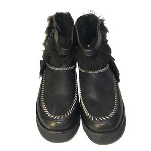 Ugg Fluff Punk Ankle Winter Boot Black Leather Sheepskin Side Zip Size 7